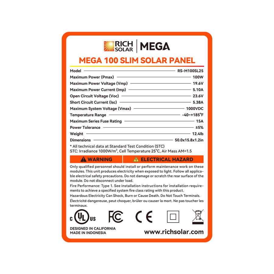 MEGA 100 SLIM | 100 Watt Slim Solar Panel | Compact 12V Off-Grid Narrow Solar Panel for Vans, Overlanders, Boats | 25-Year Output Warranty | UL Certified - Unaka Gear Co.