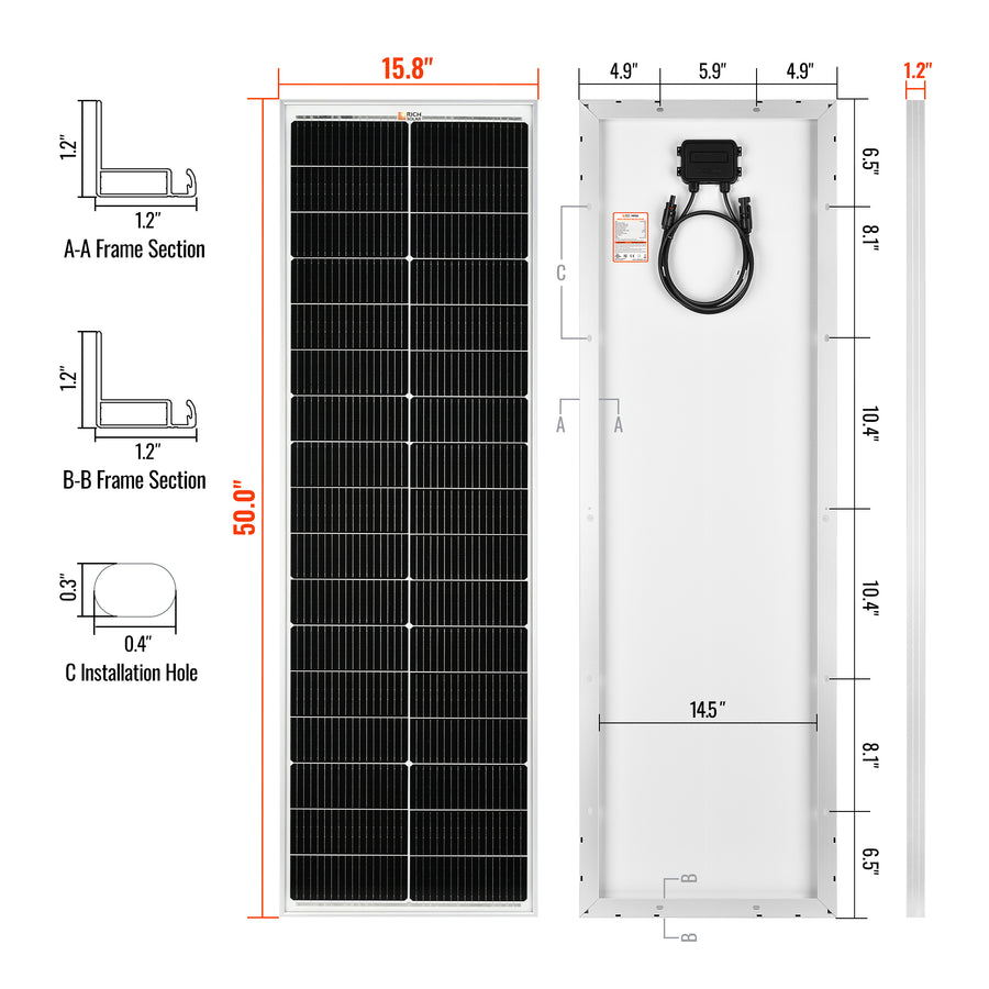 MEGA 100 SLIM | 100 Watt Slim Solar Panel | Compact 12V Off-Grid Narrow Solar Panel for Vans, Overlanders, Boats | 25-Year Output Warranty | UL Certified - Unaka Gear Co.