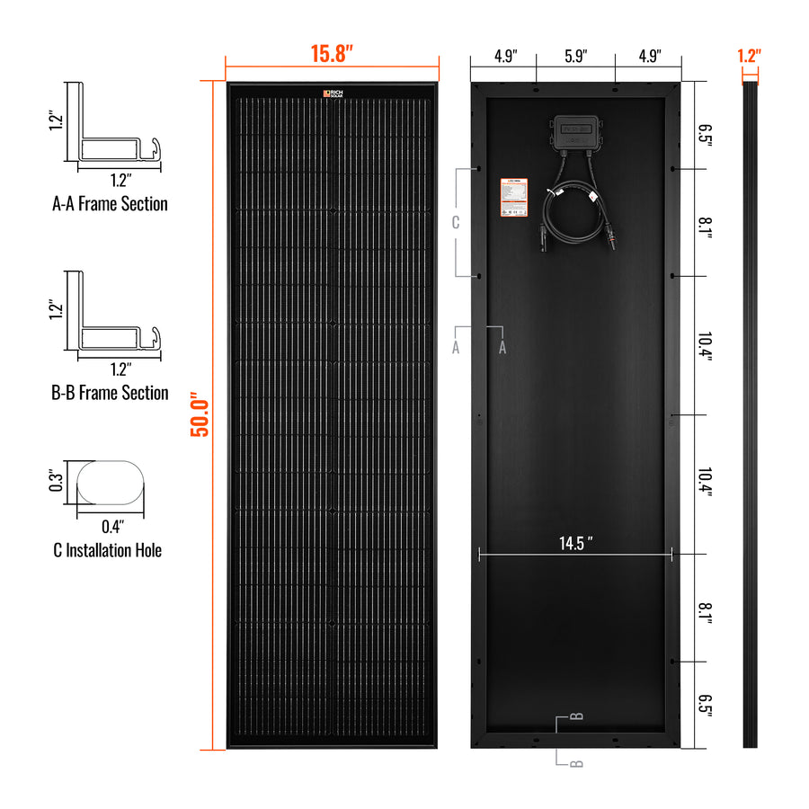 MEGA 100 SLIM | 100 Watt Slim Solar Panel | Compact 12V Off-Grid Narrow Solar Panel for Vans, Overlanders, Boats | 25-Year Output Warranty | UL Certified - Unaka Gear Co.