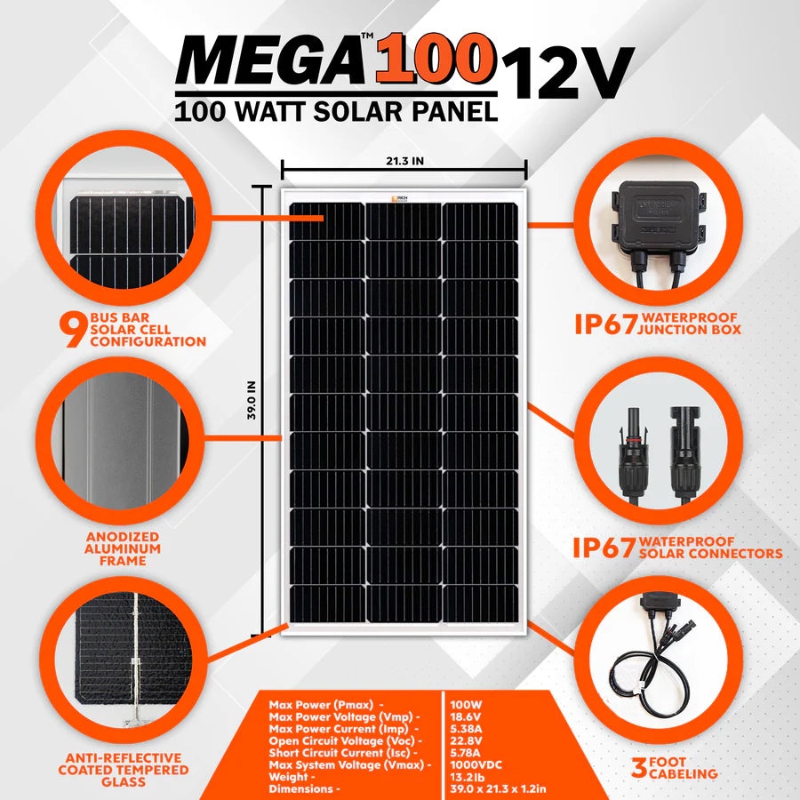 MEGA 100 | 100 Watt Solar Panel | Premier 12V Off-Grid Solar Panel for Vans, Campers, Boats | 25-Year Output Warranty | UL Certified - Unaka Gear Co.