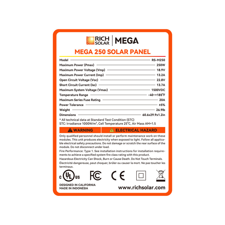 MEGA 250 | 250 Watt Solar Panel | Premier 12V Off-Grid Solar Panel for RVs, Vans, Boats | 25-Year Output Warranty | UL Certified - Unaka Gear Co.