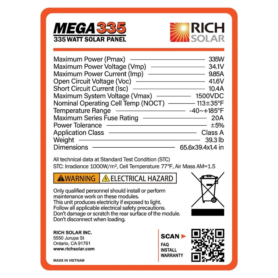 Rich Solar MEGA 335 Watt Monocrystalline Solar Panel - Pallet