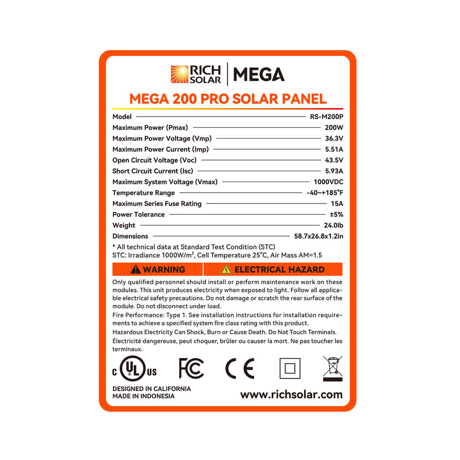 MEGA 200 PRO | 200 Watt 24 Volt Solar Panel | Premium 24V Off-Grid Solar Panel for RVs, Trailers, Cabins | 25-Year Output Warranty | UL Certified - Unaka Gear Co.