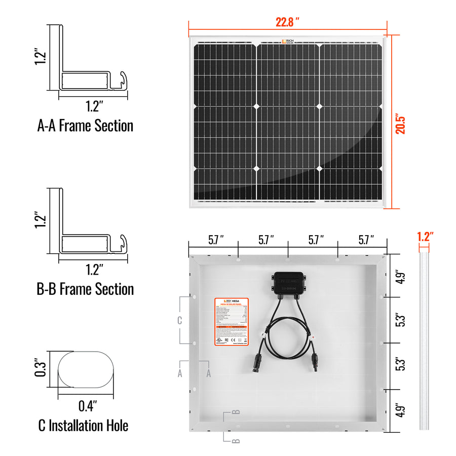 MEGA 50 | 50 Watt Solar Panel | Compact 12V Off-Grid Solar Panel for Boats, Vans, Trailers | 25-Year Output Warranty | UL Certified - Unaka Gear Co.