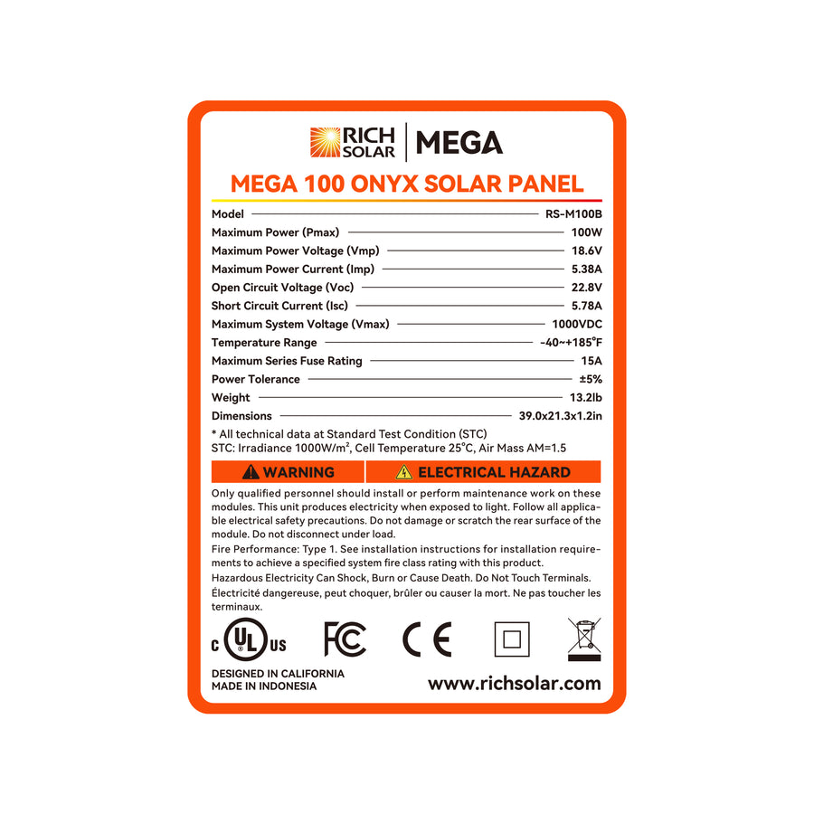 MEGA 100 | 100 Watt Solar Panel | Premier 12V Off-Grid Solar Panel for Vans, Campers, Boats | 25-Year Output Warranty | UL Certified - Unaka Gear Co.