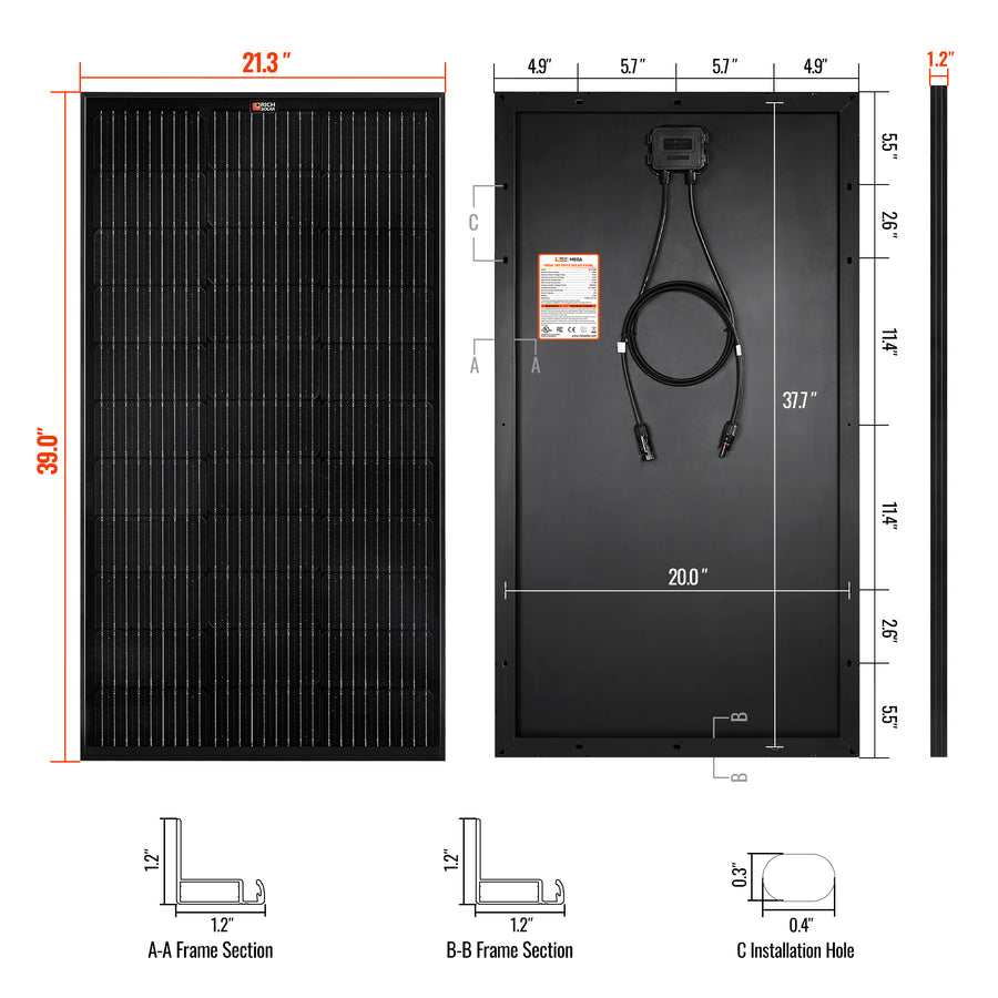MEGA 100 | 100 Watt Solar Panel | Premier 12V Off-Grid Solar Panel for Vans, Campers, Boats | 25-Year Output Warranty | UL Certified - Unaka Gear Co.