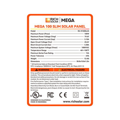 MEGA 100 SLIM | 100 Watt Slim Solar Panel | Compact 12V Off-Grid Narrow Solar Panel for Vans, Overlanders, Boats | 25-Year Output Warranty | UL Certified - Unaka Gear Co.