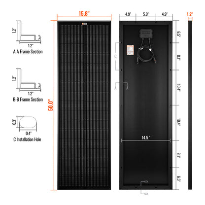 MEGA 100 SLIM | 100 Watt Slim Solar Panel | Compact 12V Off-Grid Narrow Solar Panel for Vans, Overlanders, Boats | 25-Year Output Warranty | UL Certified - Unaka Gear Co.