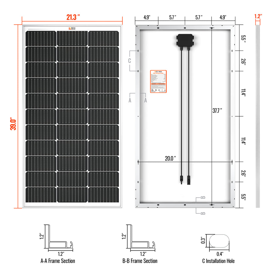 MEGA 100 | 100 Watt Solar Panel | Premier 12V Off-Grid Solar Panel for Vans, Campers, Boats | 25-Year Output Warranty | UL Certified - Unaka Gear Co.