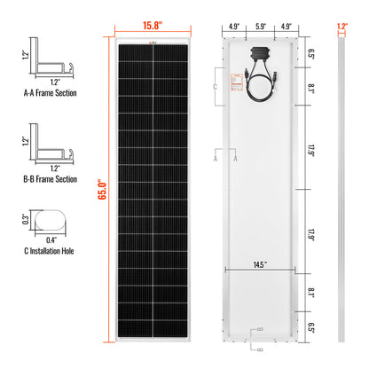 MEGA 130 SLIM | 130 Watt Slim Solar Panel | Compact 12V Narrow Panel for Vans, Campers, Boats | UL Certified - Unaka Gear Co.