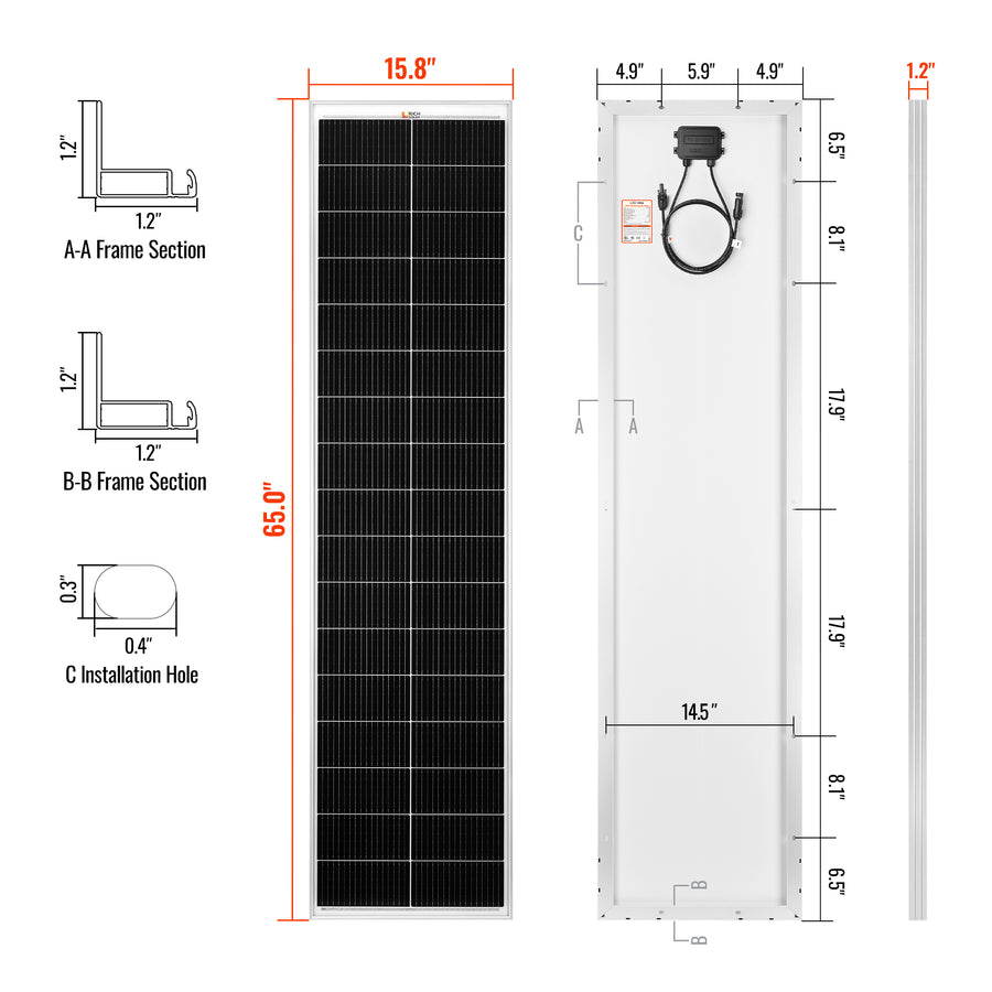 MEGA 130 SLIM | 130 Watt Slim Solar Panel | Compact 12V Narrow Panel for Vans, Campers, Boats | UL Certified - Unaka Gear Co.