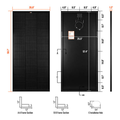 MEGA 200 | 200 Watt Solar Panel | Premier 12V Off-Grid Solar Panel for RVs Cabins, Boats | 25-Year Output Warranty | UL Certified - Unaka Gear Co.