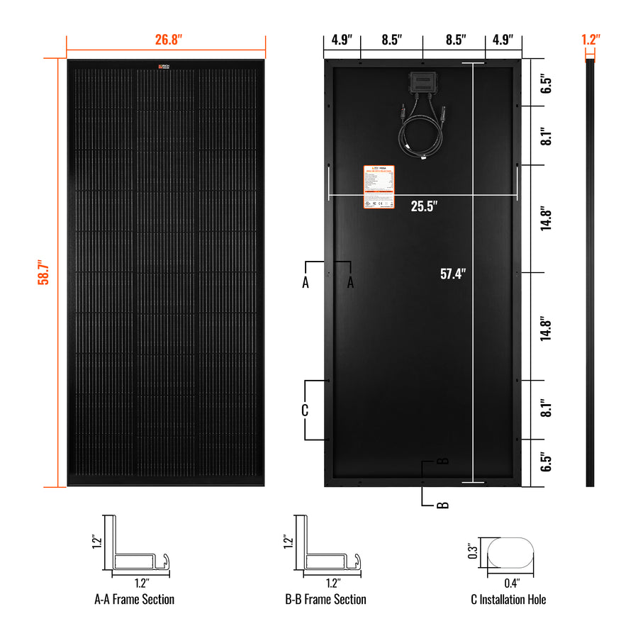 MEGA 200 | 200 Watt Solar Panel | Premier 12V Off-Grid Solar Panel for RVs Cabins, Boats | 25-Year Output Warranty | UL Certified - Unaka Gear Co.