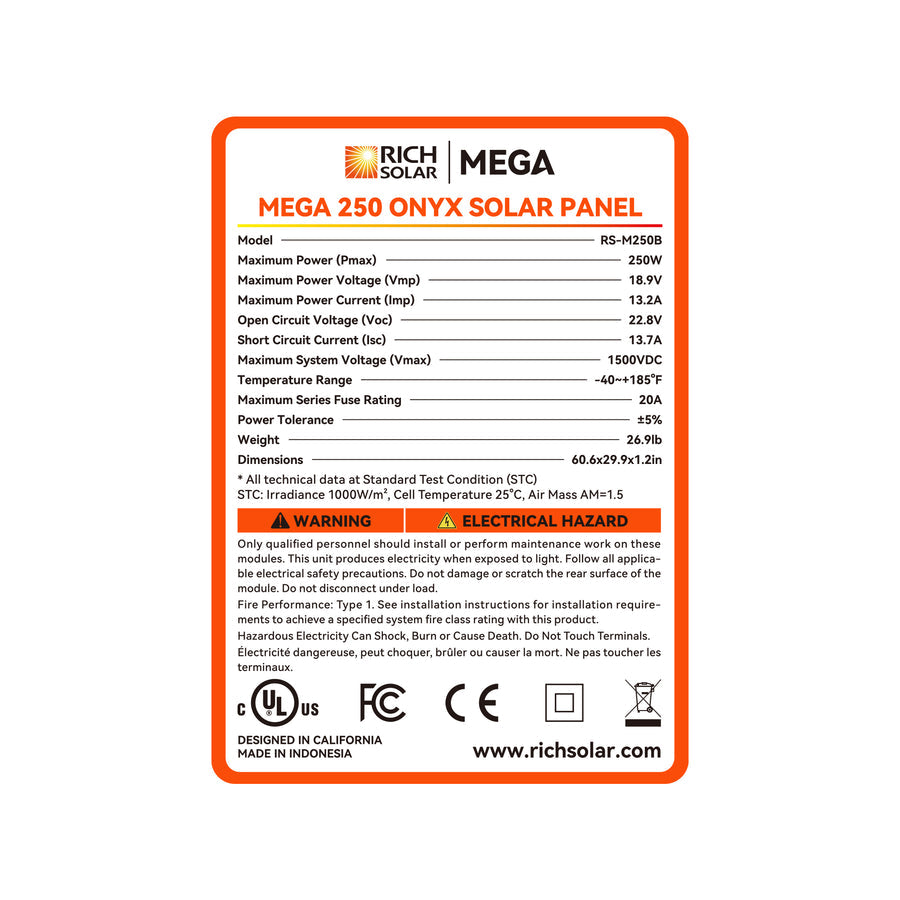 MEGA 250 | 250 Watt Solar Panel | Premier 12V Off-Grid Solar Panel for RVs, Vans, Boats | 25-Year Output Warranty | UL Certified - Unaka Gear Co.