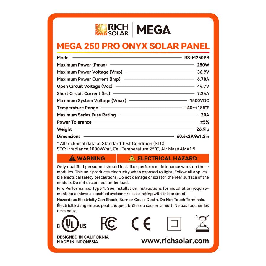 MEGA 250 PRO | 250 Watt 24 Volt Solar Panel | Premium 24V Off-Grid Solar Panel for Campers, Tiny Homes, Cabins | 25-Year Output Warranty | UL Certified - Unaka Gear Co.