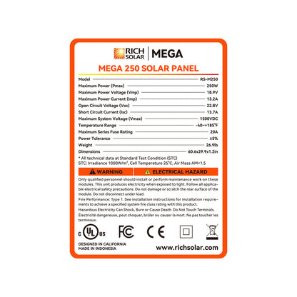 MEGA 250 | 250 Watt Solar Panel | Premier 12V Off-Grid Solar Panel for RVs, Vans, Boats | 25-Year Output Warranty | UL Certified - Unaka Gear Co.