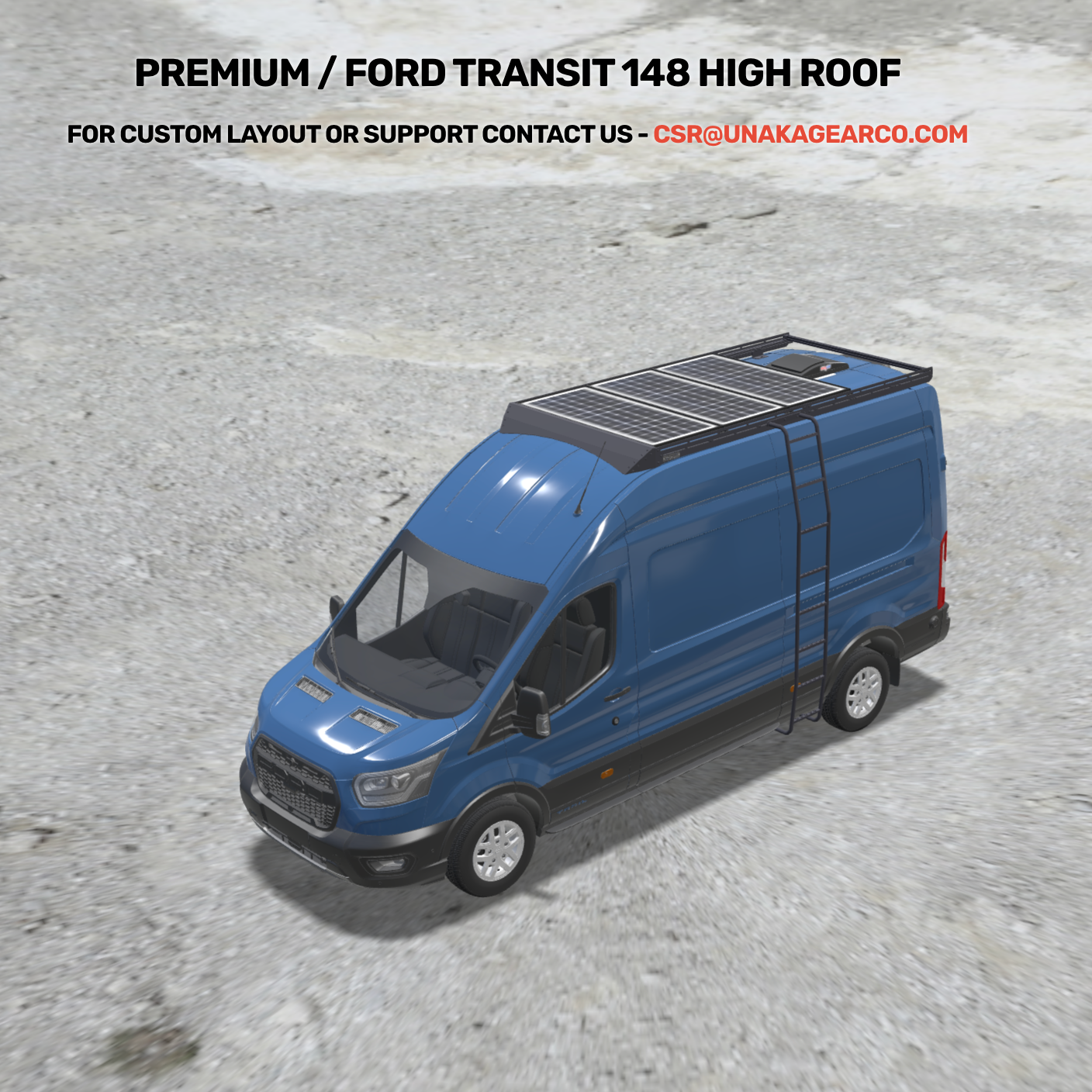 Transit 148 Solar Bundle: Roof Rack + Ladder + 600w + MaxxFan