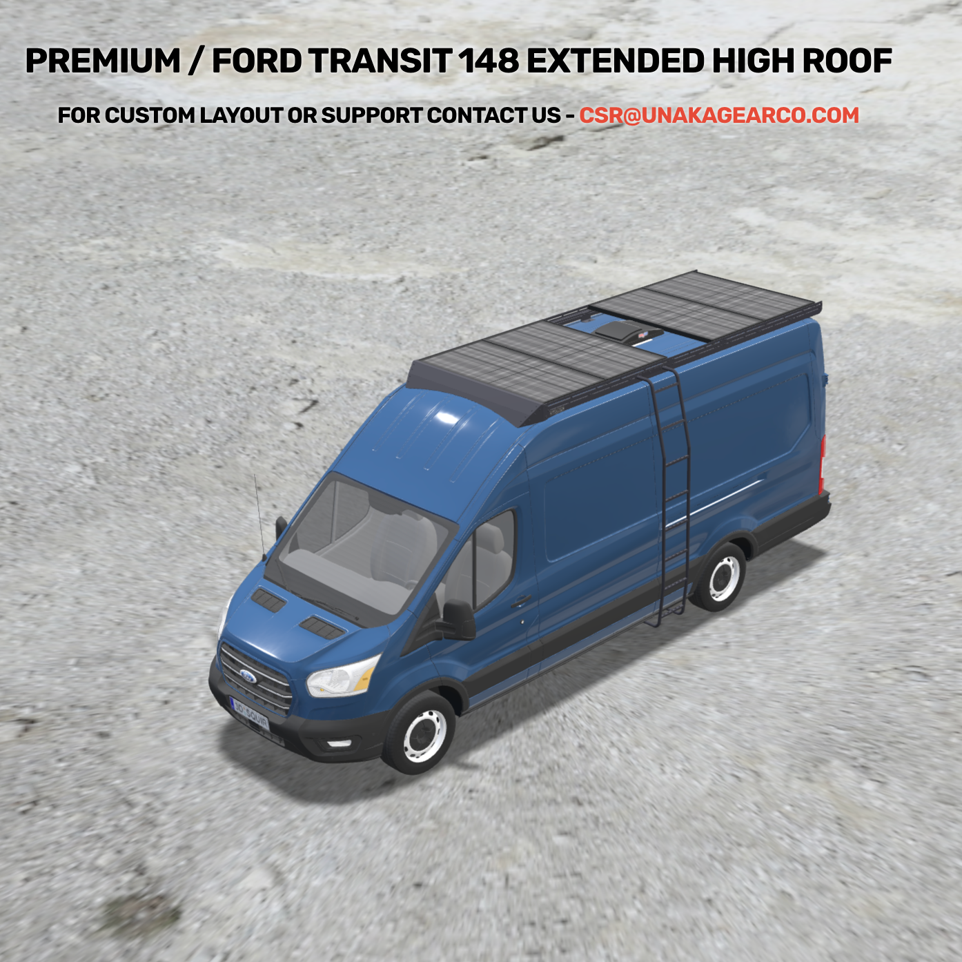 Transit 148EXT Solar Bundle: Roof Rack + Ladder + 1000w + MaxxFan