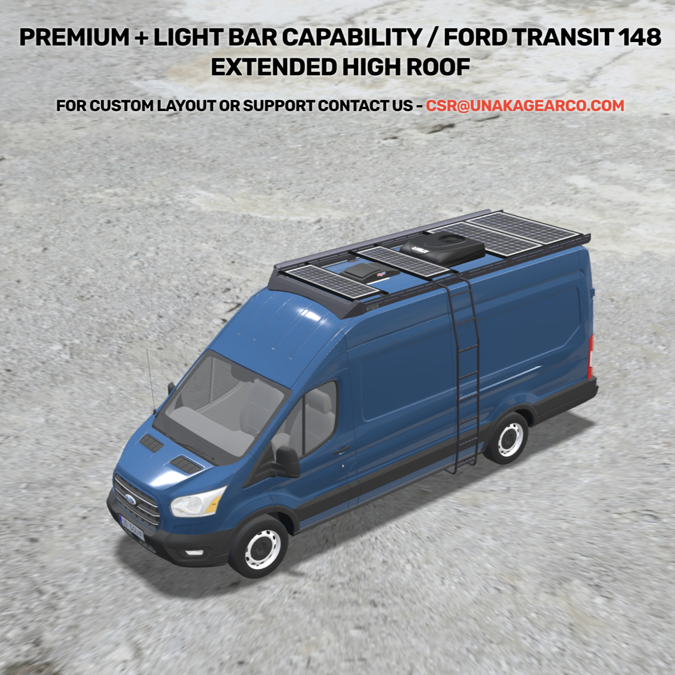 Transit 148EXT Comfort Bundle: Roof Rack + Ladder + 600w Solar + Awning + MaxxFan + Velit AC