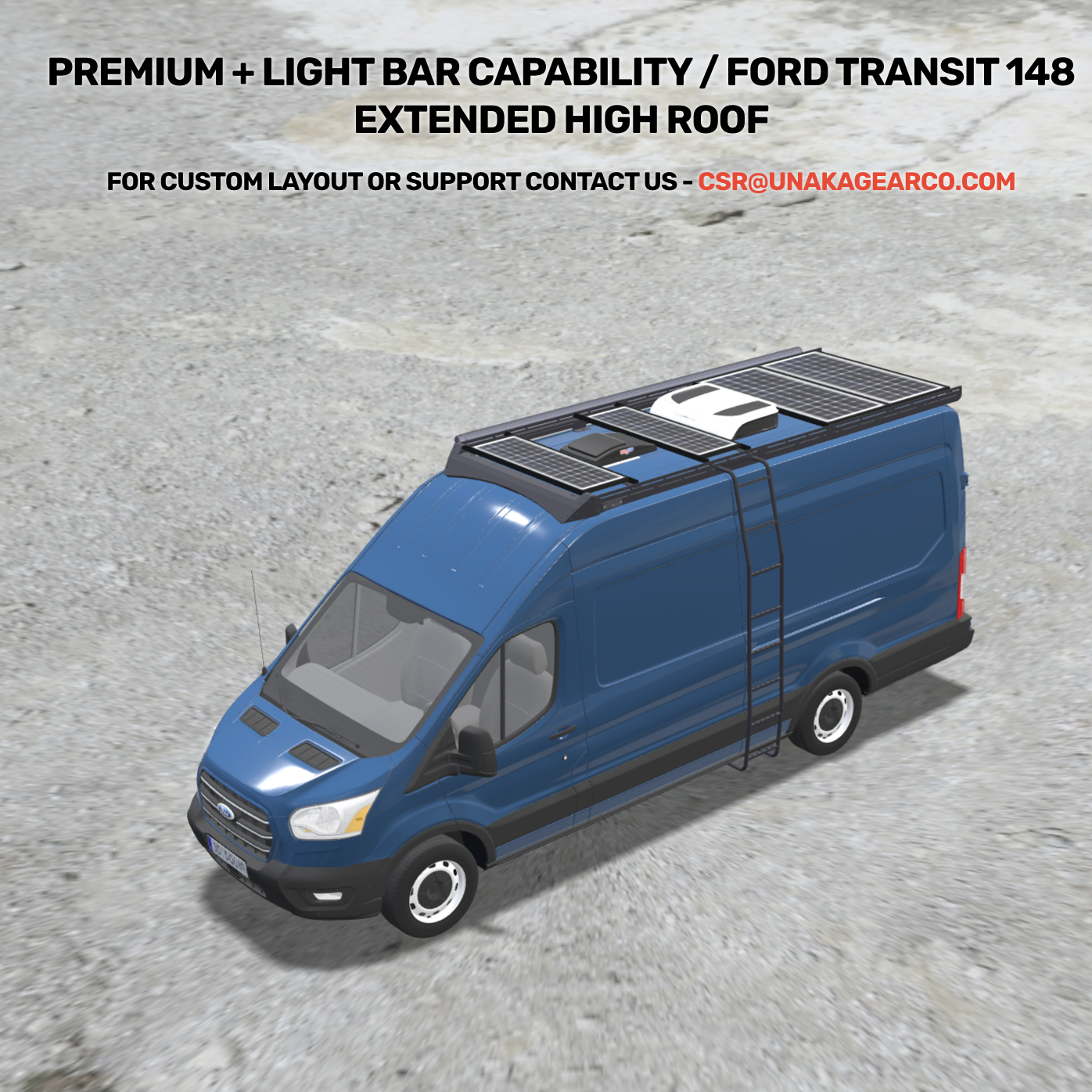 Transit 148EXT Comfort Bundle: Roof Rack + Ladder + 600w Solar + Awning + MaxxFan + Dometic AC