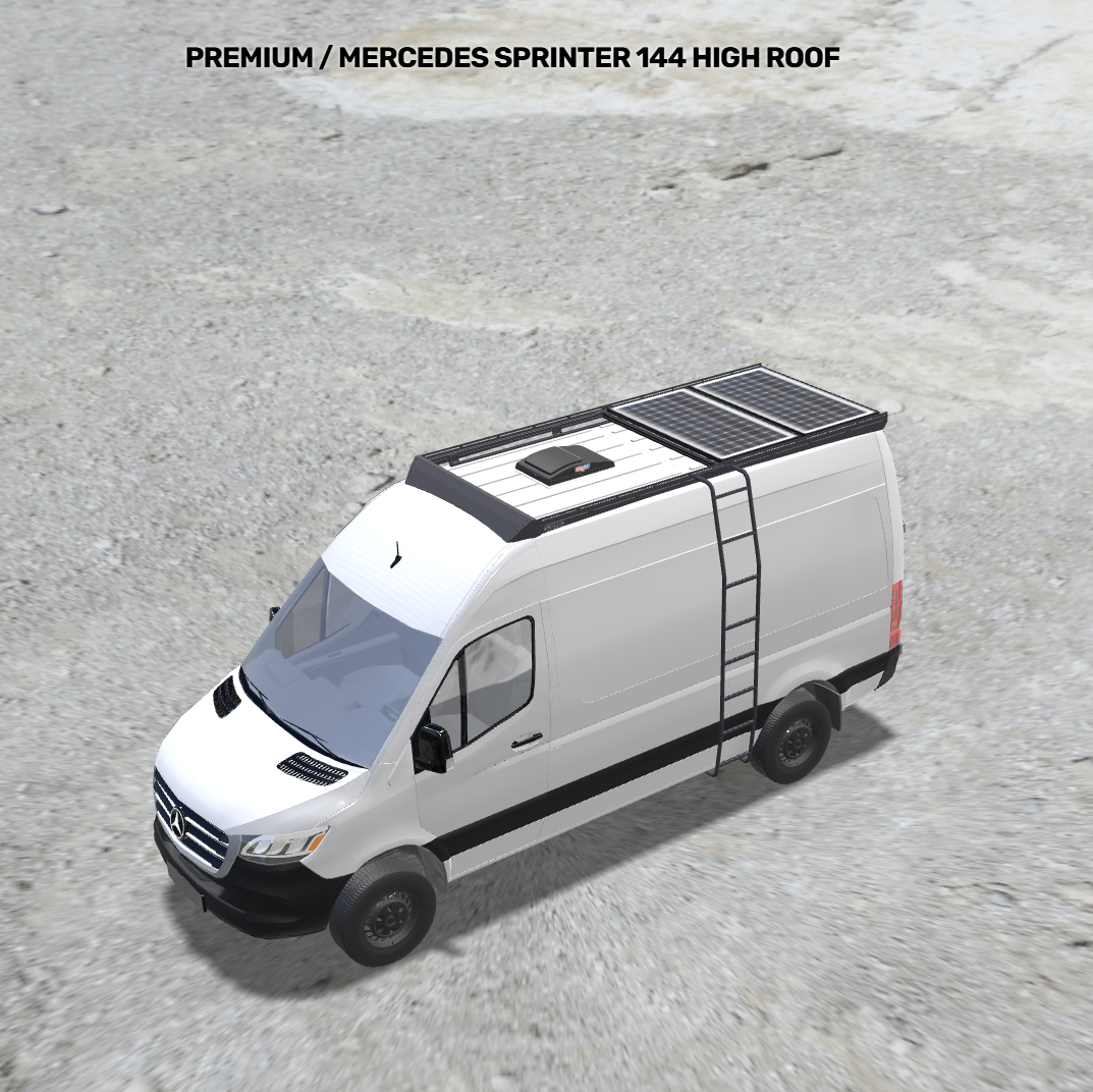 Sprinter 144 Solar Bundle: Roof Rack + Ladder + 500w + MaxxFan