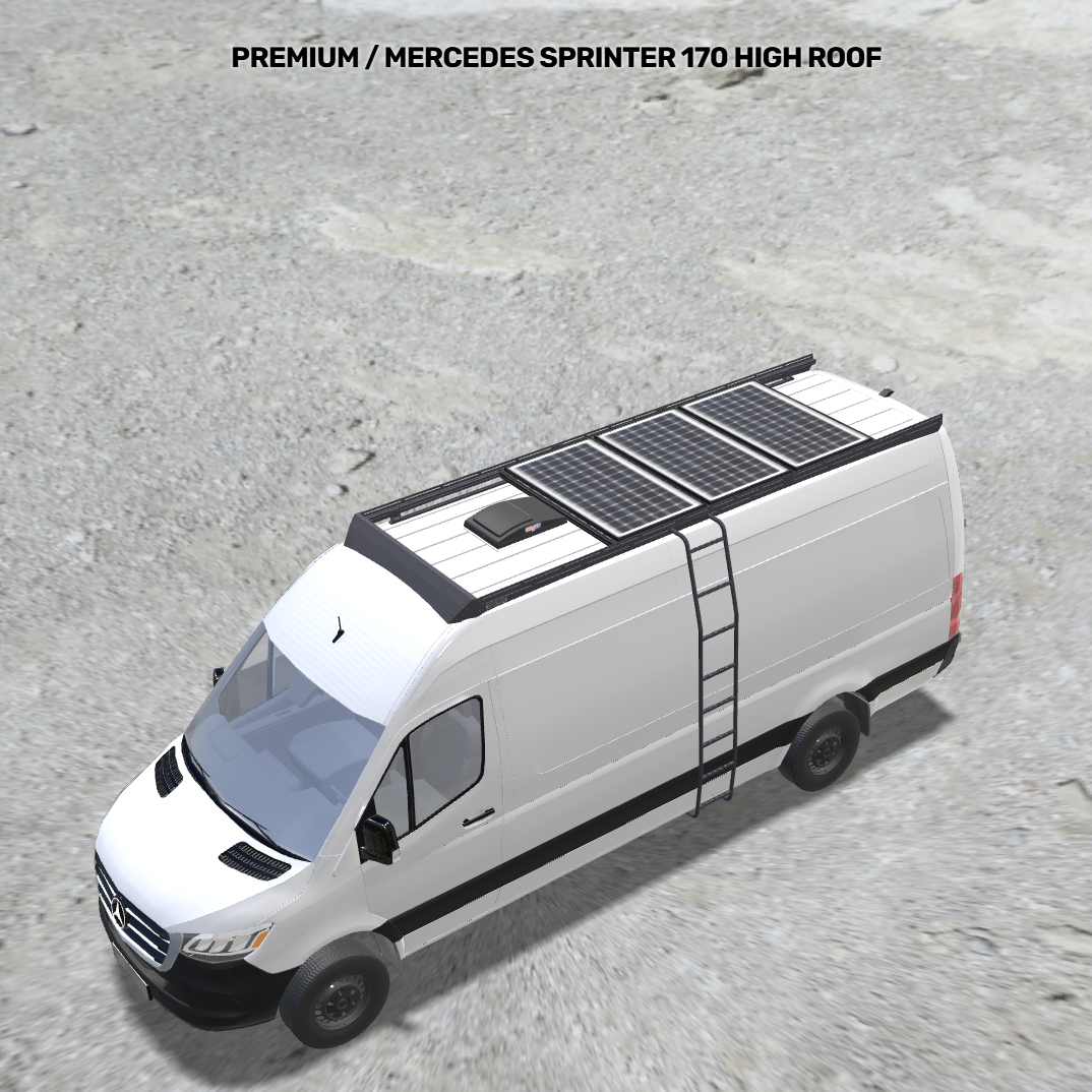 Sprinter 170 Solar Bundle: Roof Rack + Ladder + 660w + MaxxFan