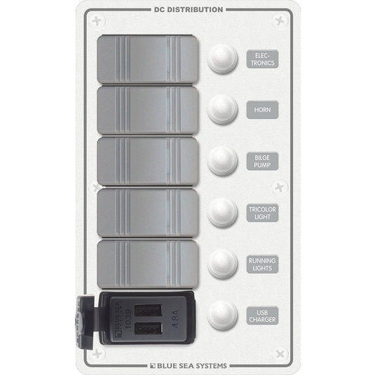 Blue Sea 8421 - 5 Position Contura Switch Panel w/Dual USB Chargers - 12/24V DC - White [8421]